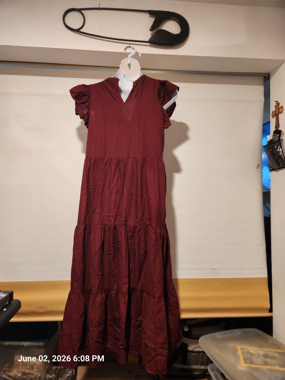 Universal Thread Burgundy Tiered Maxi Dress with Ruffle Sleeves - Picture 4 of 6